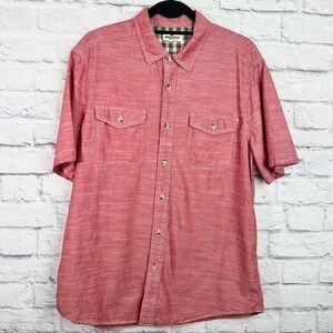 Woolrich Flap Pocket Shirt Mens Size L Red Chambray Short Sleeve Button Cotton